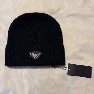 Prada Black Ribbed Knit Cuff Beanie